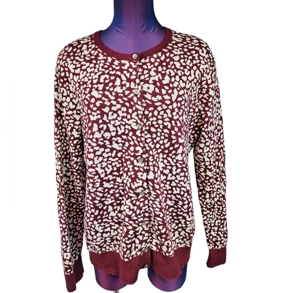 Lands' End Maroon White Leopard Print Supima Cotton Cardigan Sweater Size Large - Picture 1 of 7